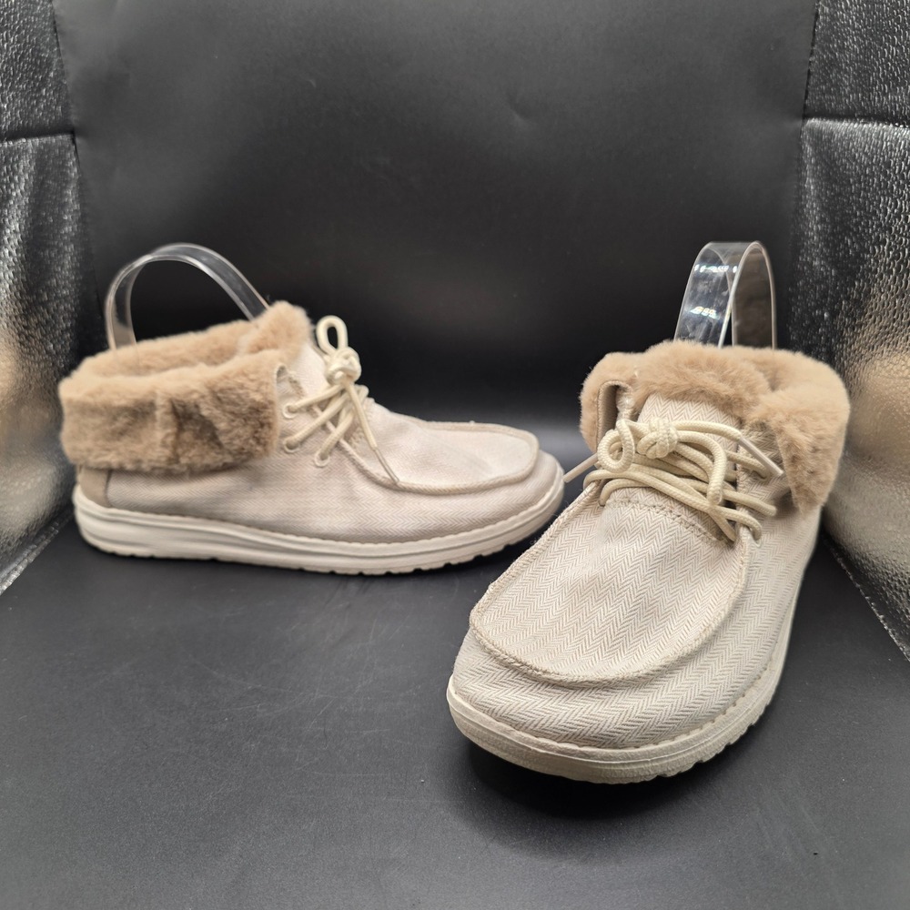 Hey Dude Britt Gold Women Ankle Boots Cream Herringbone Faux Fur Lined Size 7
